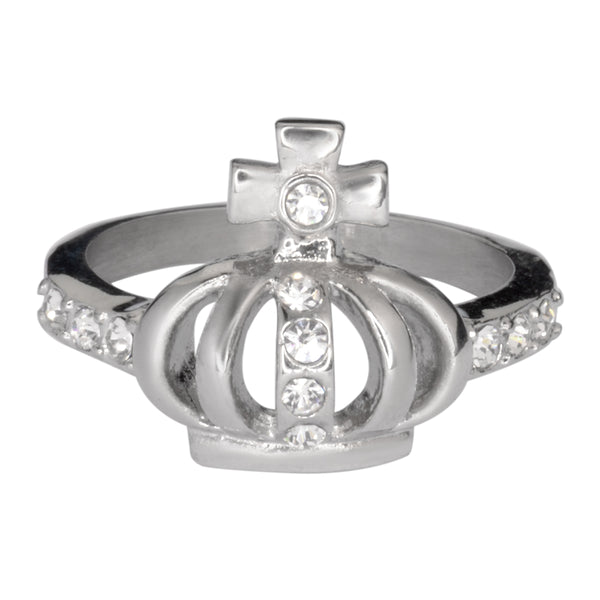 SK1031  Ladies Imitation Diamond Crown With Cross Ring Stainless Steel Motorcycle Jewelry  Sizes 5-9