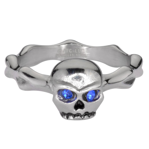 SK1052  Ladies Blue Eyed Skull Bones Ring Stainless Steel Motorcycle Jewelry  Sizes 5-9