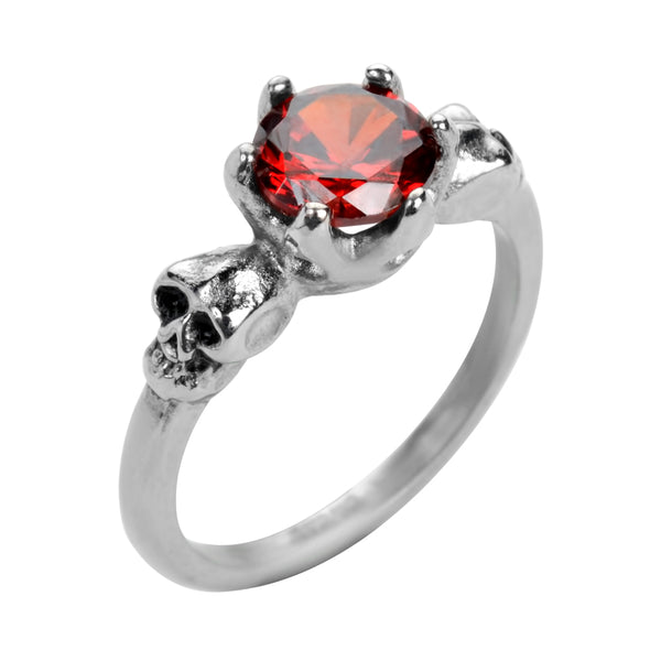 SK1054  Ladies Imitation Ruby Stone Solitaire Skull Ring Stainless Steel Motorcycle Jewelry  Sizes 5-10