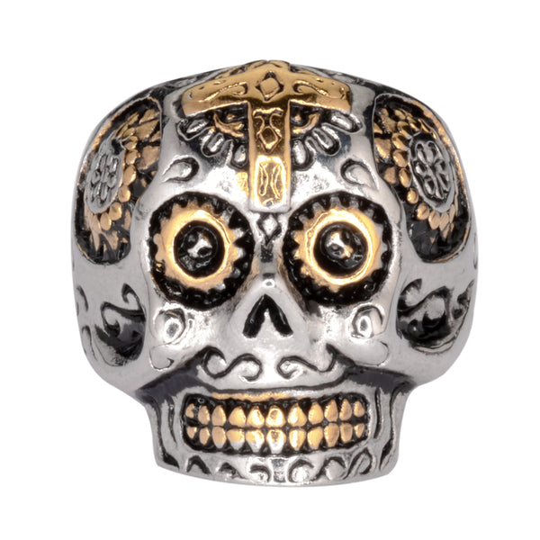 SK1066  Ladies Sugar Skull With Cross Skull Ring Stainless Steel Motorcycle Jewelry  Size 5-9
