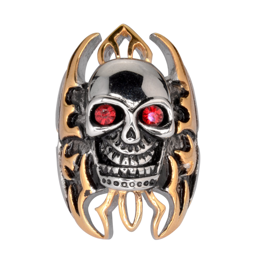 SK1078  Skull Flames Gold Tone Ring 1 1/2" Tall Imitation Rubt Eyes Stainless Steel Motorcycle Jewelry  Size 9-15