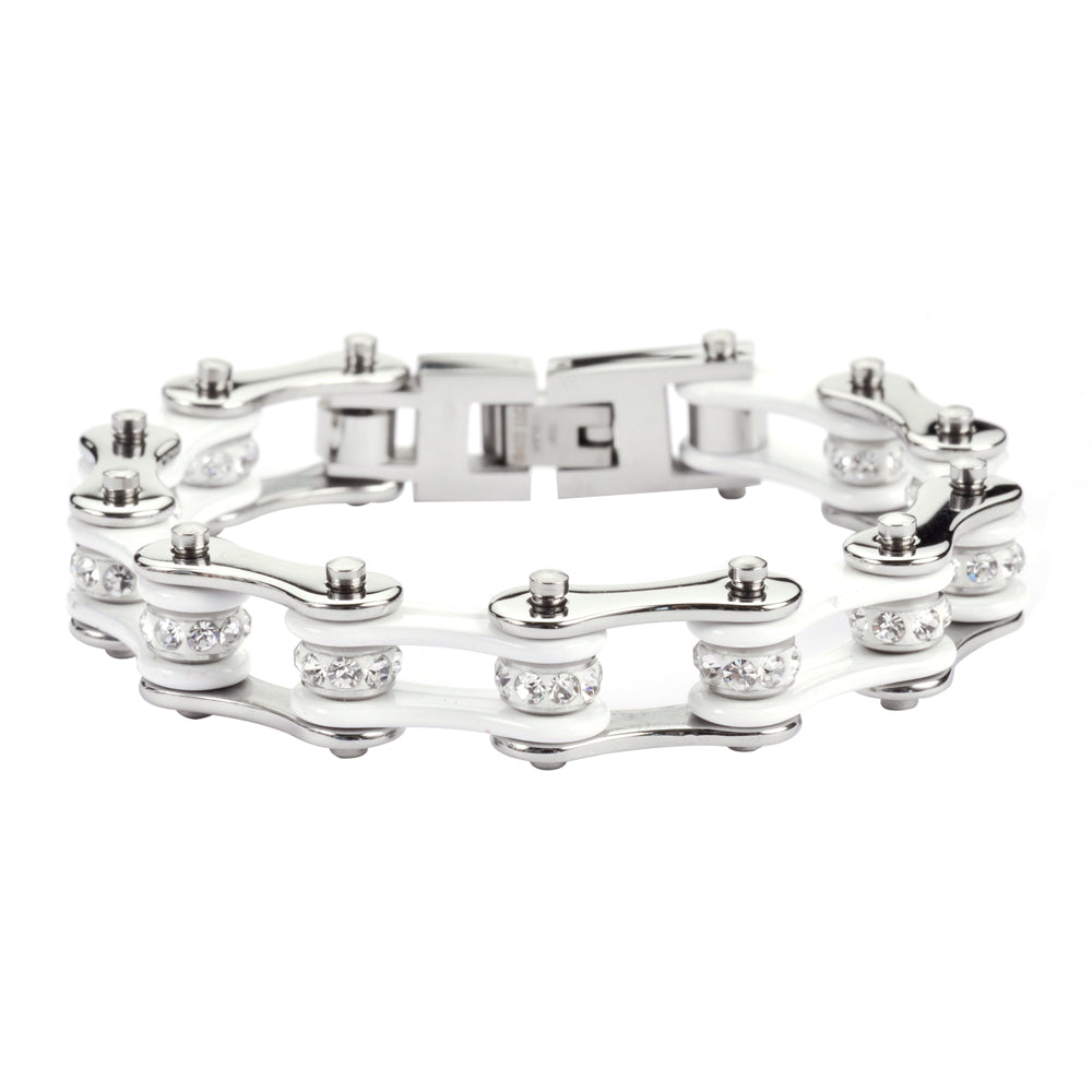 SK1100 1/2" Wide Two Tone Silver White With White Crystal Centers Stainless Steel Motorcycle Bike Chain Bracelet