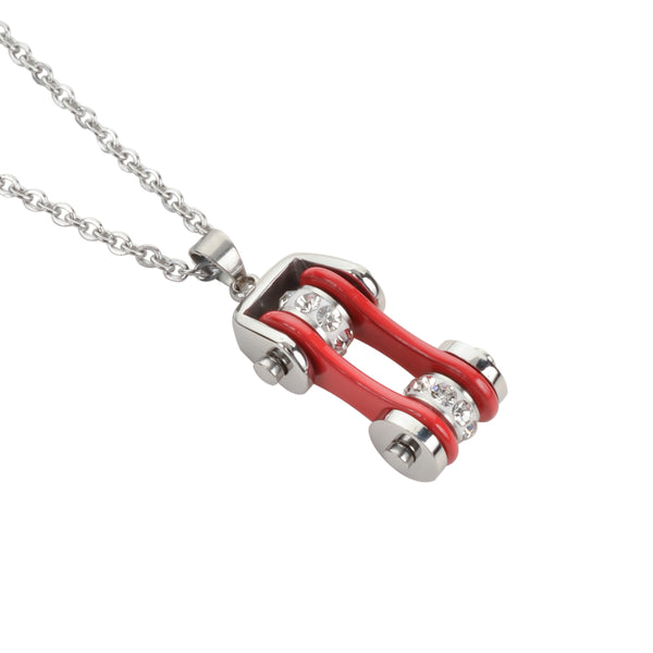 SK1101N Ladies Bike Chain Silver Red Crystal Bling Necklace 19" Stainless Steel Motorcycle Jewelry