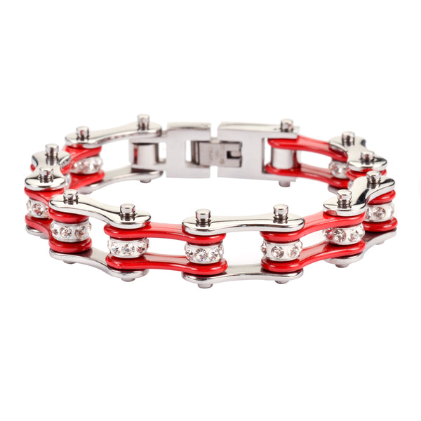 SK1101 1/2" Wide Two Tone Silver Red With White Crystal Centers Stainless Steel Motorcycle Bike Chain Bracelet