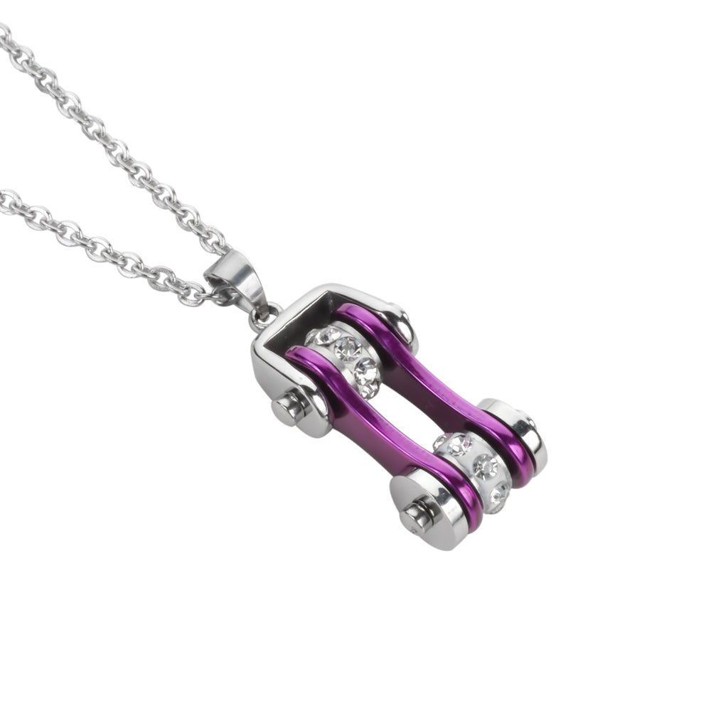 SK1103N Ladies Bike Chain Silver Candy Purple Crystal Bling Necklace 19" Stainless Steel Motorcycle Jewelry