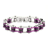 SK1103S 1/2" Wide Two Tone Silver Candy Purple With Purple Stones Stainless Steel Motorcycle Bike Chain Bracelet