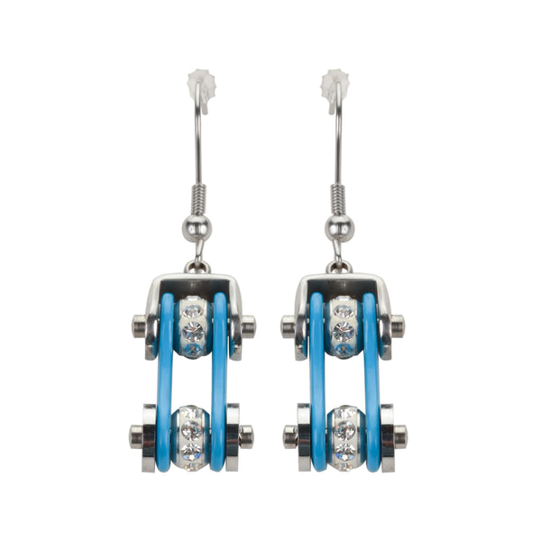 SK1104E  Two Tone Silver Turquoise Crystal Centers Bike Chain Earrings Stainless Steel Motorcycle Biker Jewelry