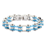 SK1104 1/2" Wide Two Tone Silver Turquoise With White Crystal Centers Stainless Steel Motorcycle Bike Chain Bracelet