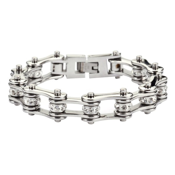 SK1105 April 1/2" Wide Clear Crystal Centers Stainless Steel Motorcycle Bike Chain Bracelet