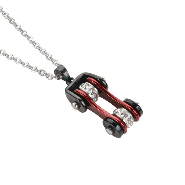 SK1106N Ladies Bike Chain Black Candy Red Crystal Bling Necklace 19" Stainless Steel Motorcycle Jewelry