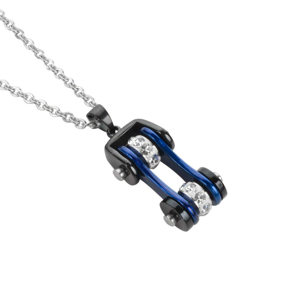 SK1107N Ladies Bike Chain Black Candy Blue Crystal Bling Necklace 19" Stainless Steel Motorcycle Jewelry