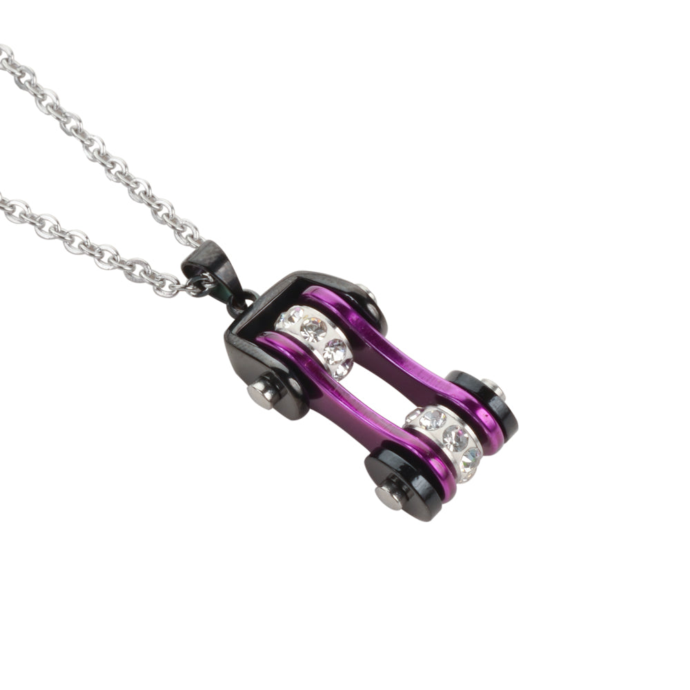 SK1109N Ladies Bike Chain Black Candy Purple Crystal Bling Necklace 19" Stainless Steel Motorcycle Jewelry