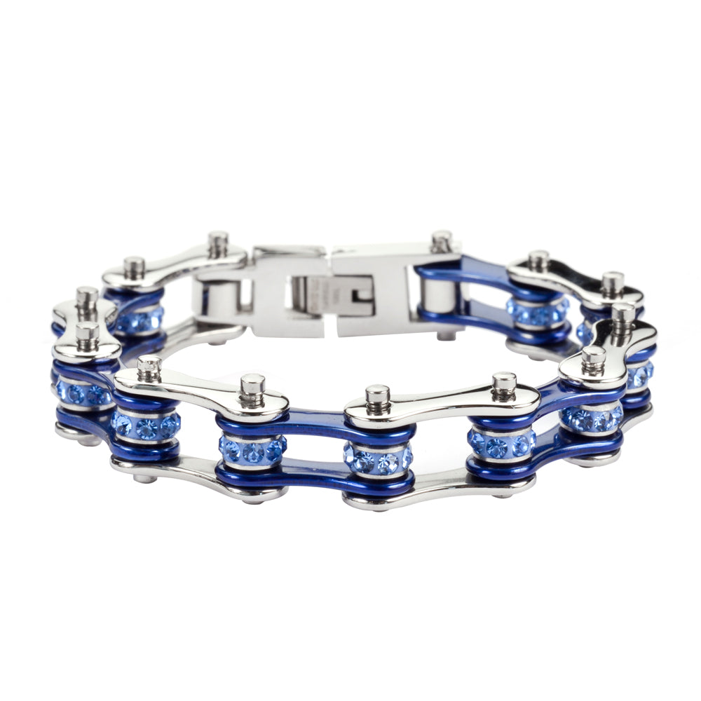 SK1110 1/2" Wide Two Tone Silver Candy Blue With Blue Crystal Centers Stainless Steel Motorcycle Bike Chain Bracelet
