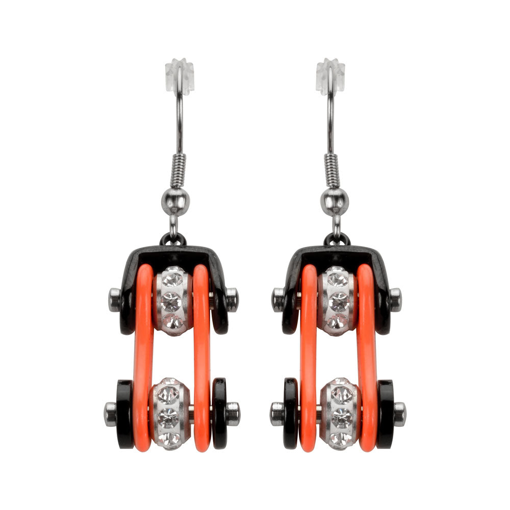SK1112E  Two Tone Black Orange Crystal Centers Bike Chain Earrings Stainless Steel Motorcycle Biker Jewelry