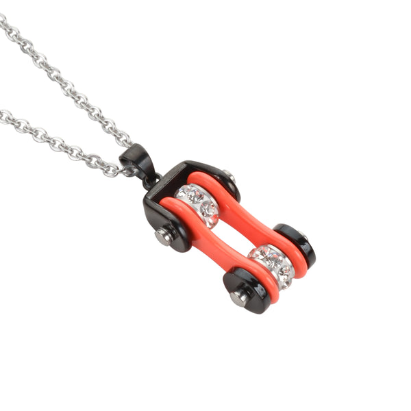SK1112N Ladies Bike Chain Black Orange Crystal Bling Necklace 19" Stainless Steel Motorcycle Jewelry