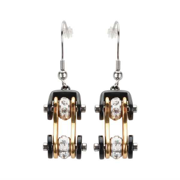 SK1113E  Two Tone Black Gold Crystal Centers Bike Chain Earrings Stainless Steel Motorcycle Biker Jewelry
