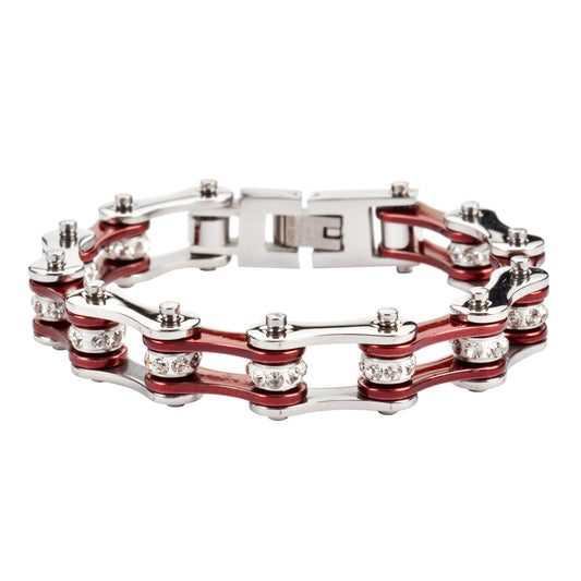 SK1114 Wide Two Tone Silver Candy Red With White Crystal