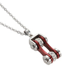 SK1114N Ladies Bike Chain Pendant Silver Candy Red Crystal Bling Necklace 19" Stainless Steel Motorcycle Jewelry