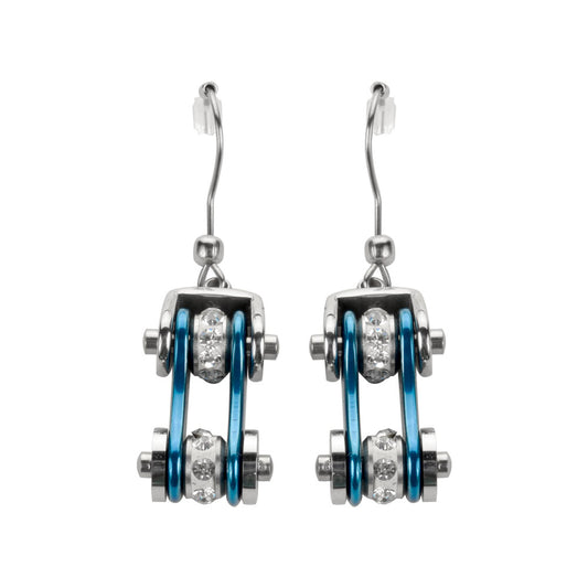 SK1115E  Two Tone Silver Blue Crystal Centers Bike Chain Earrings Stainless Steel Motorcycle Biker Jewelry