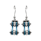 SK1115E  Two Tone Silver Blue Crystal Centers Bike Chain Earrings Stainless Steel Motorcycle Biker Jewelry