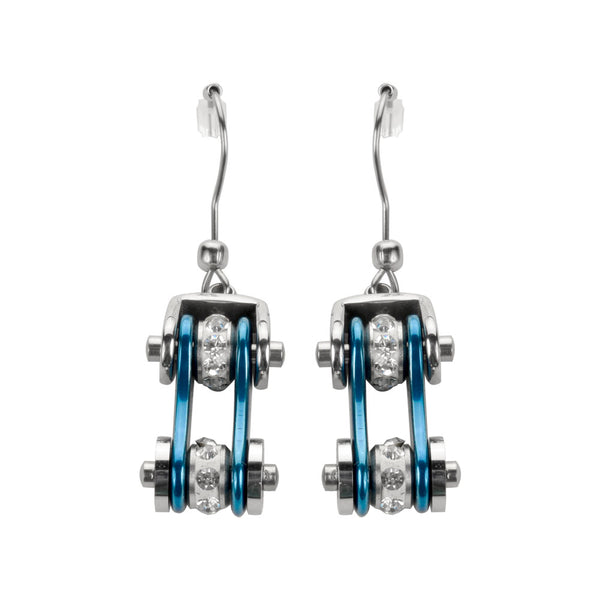 SK1115E  Two Tone Silver Blue Crystal Centers Bike Chain Earrings Stainless Steel Motorcycle Biker Jewelry