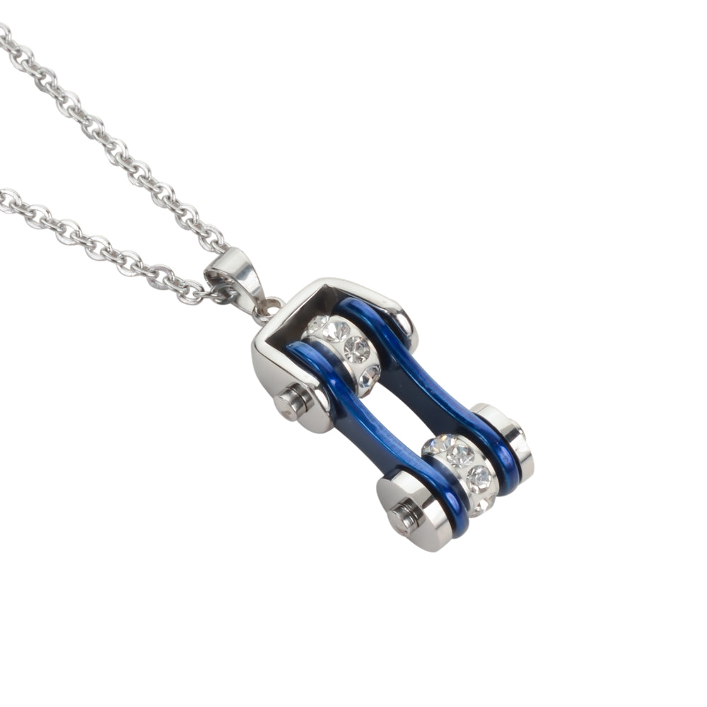 SK1115N Ladies Bike Chain Silver Candy Blue Crystal Bling Necklace 19" Stainless Steel Motorcycle Jewelry