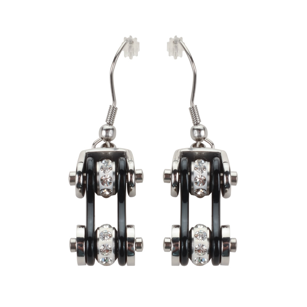 SK1116E  Two Tone Silver Black Crystal Centers Bike Chain Earrings Stainless Steel Motorcycle Biker Jewelry