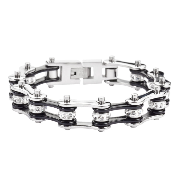 SK1116 Two Tone Silver Black Crystal Centers Stainless Steel Motorcycle Bike Chain Bracelet