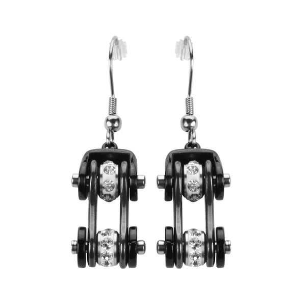 SK1117E  All Black Crystal Centers Bike Chain Earrings Stainless Steel Motorcycle Biker Jewelry