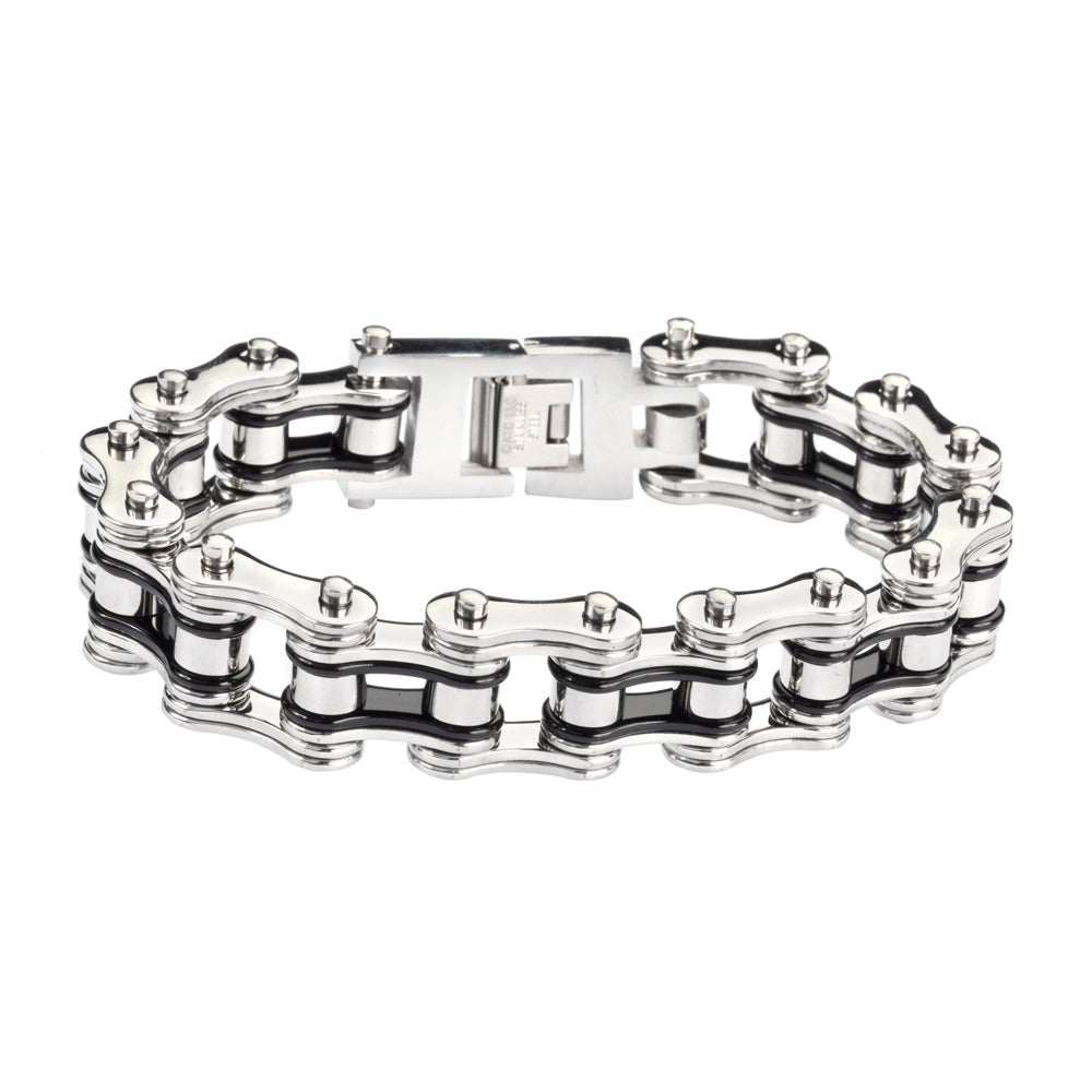 SK1124 3/4" Wide Two Tone Silver Black Double Link Design Unisex Stainless Steel Motorcycle Chain Bracelet
