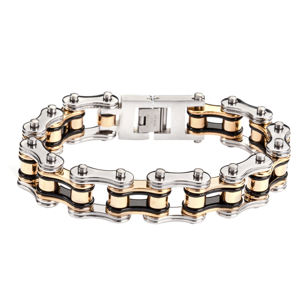 SK1126 3/4" Wide Tri-Color Black Silver Gold Double Link Design Unisex Stainless Steel Motorcycle Chain Bracelet