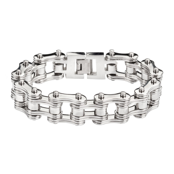 SK1128 All Silver Tone Double Link 3/4" Wide Design Unisex Stainless Steel Motorcycle Chain Bracelet