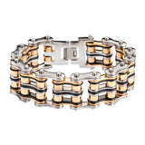 SK1130 1" Wide Tri-Color Black Silver Gold Unisex Stainless Steel Motorcycle Chain Bracelet