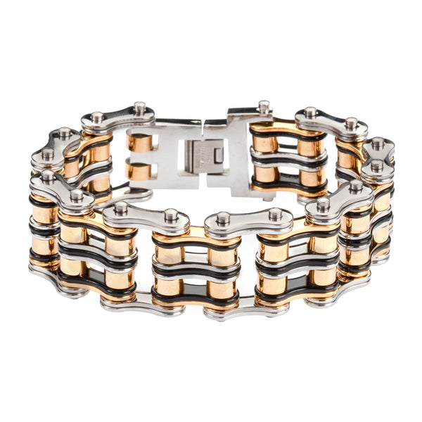 SK1130 1" Wide Tri-Color Black Silver Gold Unisex Stainless Steel Motorcycle Chain Bracelet