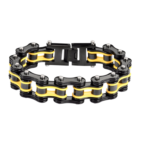 SK1132 3/4" Wide Two Tone Black Yellow Double Link Design Unisex Stainless Steel Motorcycle Chain Bracelet
