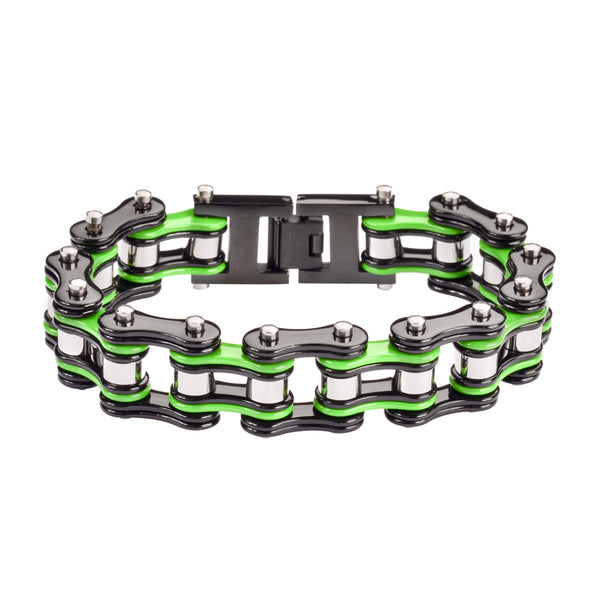 SK1133 Black Green Silver 3/4" Wide Double Link Design Unisex Stainless Steel Motorcycle Chain Bracelet