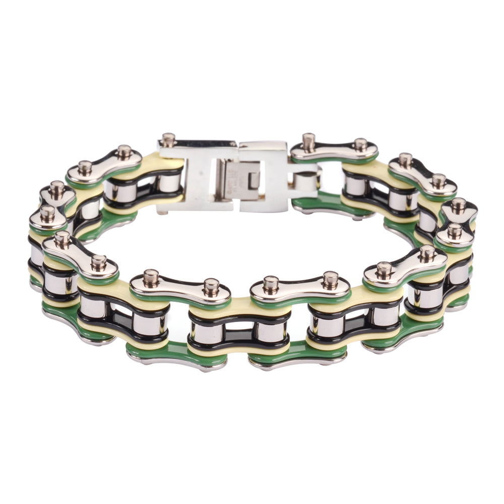 SK1134 3/4" Wide Silver Cream Green Black Double Link Design Unisex Stainless Steel Motorcycle Chain Bracelet