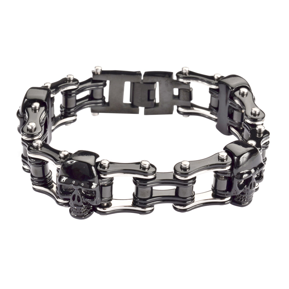 SK1160 Two Tone Black Silver 3/4" Wide With Skulls Unisex Stainless Steel Motorcycle Skull Chain Bracelet