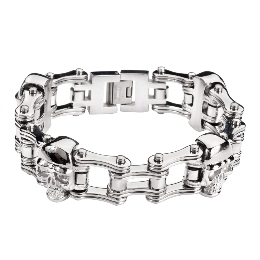 SK1164 All Silver Tone Double Link Design 3/4" Wide With Skulls Unisex ALL Stainless Steel Motorcycle Skull Chain Bracelet