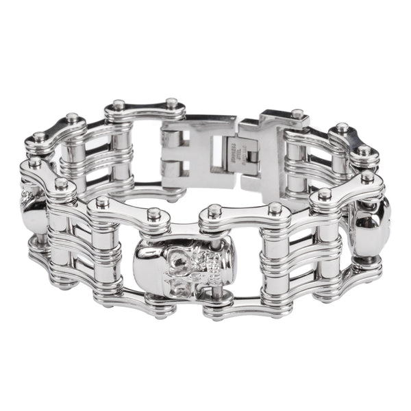 SK1174 1" Wide All Silver Tone With Skulls Unisex Stainless Steel Motorcycle Skull Chain Bracelet