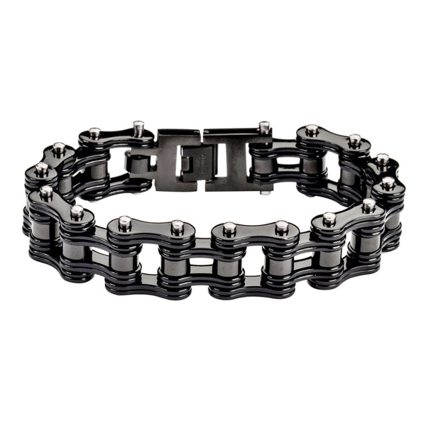 SK1181 3/4" Wide All Black Powder Coat Double Link Design Unisex Stainless Steel Motorcycle Chain Bracelet