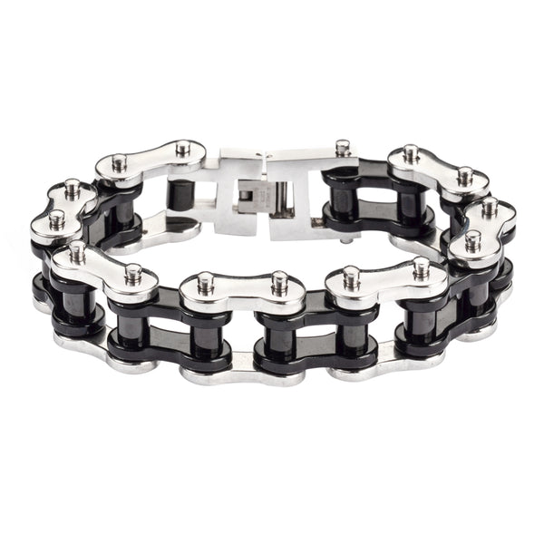 SK1183 Stainless Black Rollers 3/4" Wide THICK LINK Men's Stainless Steel Motorcycle Chain Bracelet