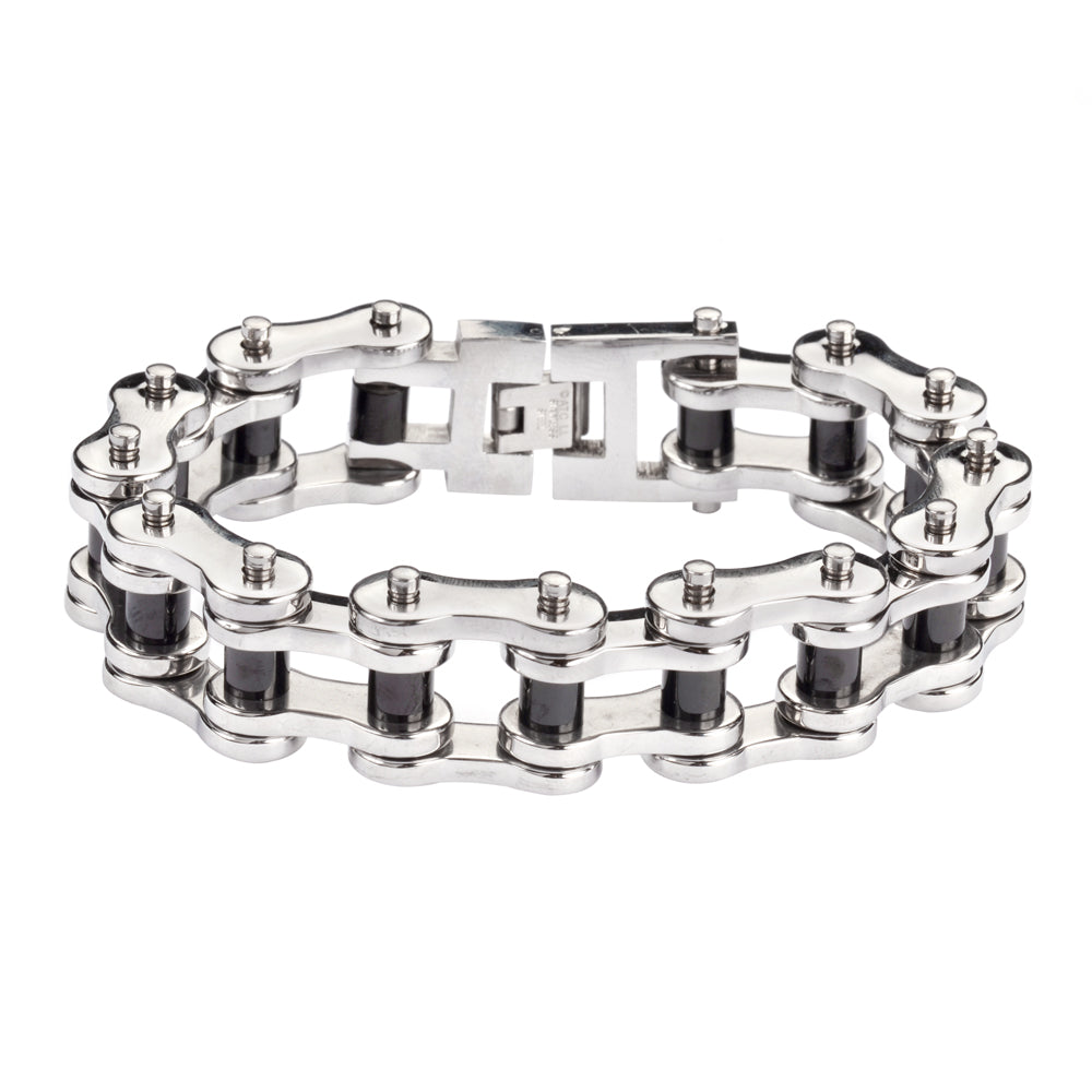 SK1189 Stainless Black Rollers 3/4" Wide THICK LINK Men's Stainless Steel Motorcycle Chain Bracelet