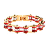 SK1190 1/2" Wide Two Tone Gold Red With White Crystal Centers Stainless Steel Motorcycle Bike Chain Bracelet