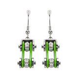 SK1191E  Two Tone Silver Green Silver Crystal Centers Bike Chain Earrings Stainless Steel Motorcycle Biker Jewelry