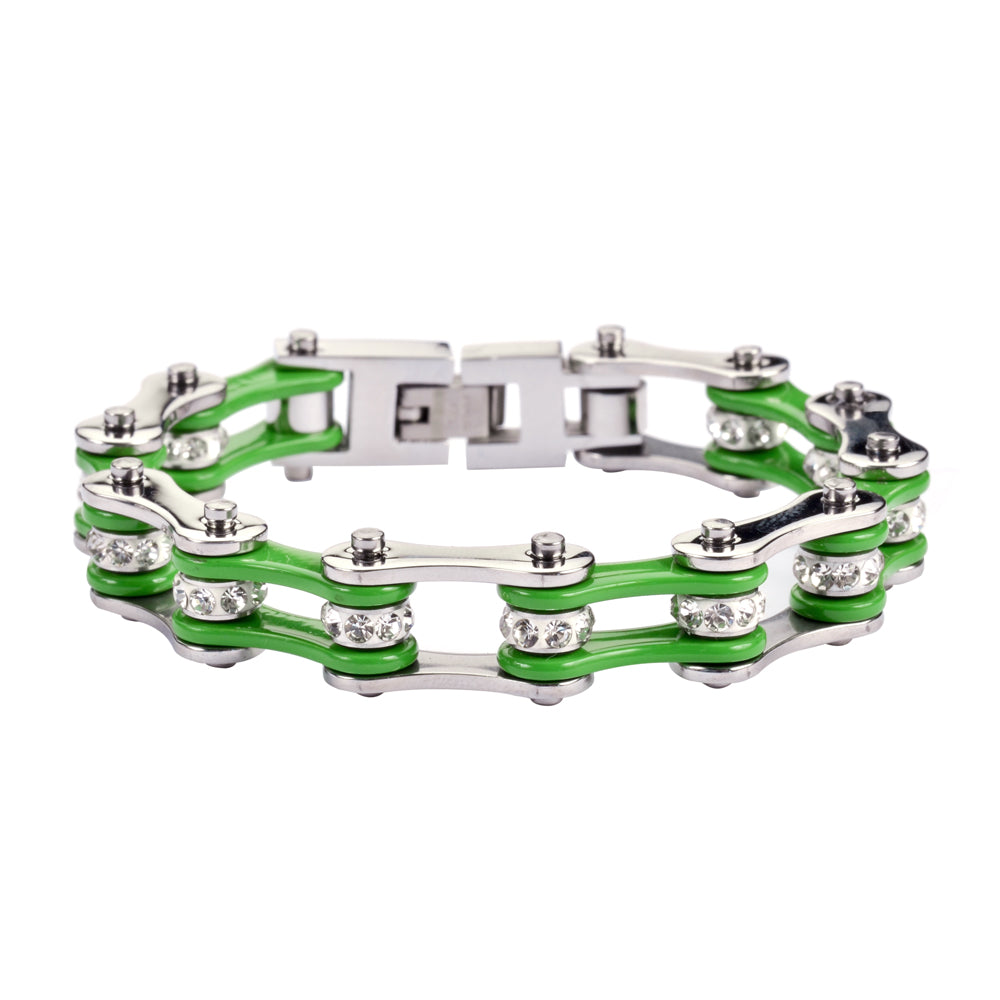 SK1191 1/2" Wide Two Tone Silver Green With White Crystal Centers Stainless Steel Motorcycle Bike Chain Bracelet