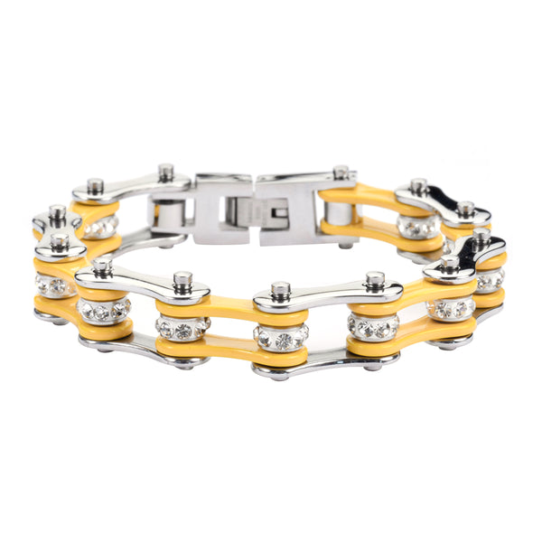 SK1194 1/2" Wide Two Tone Silver Yellow With White Crystal Centers Stainless Steel Motorcycle Bike Chain Bracelet