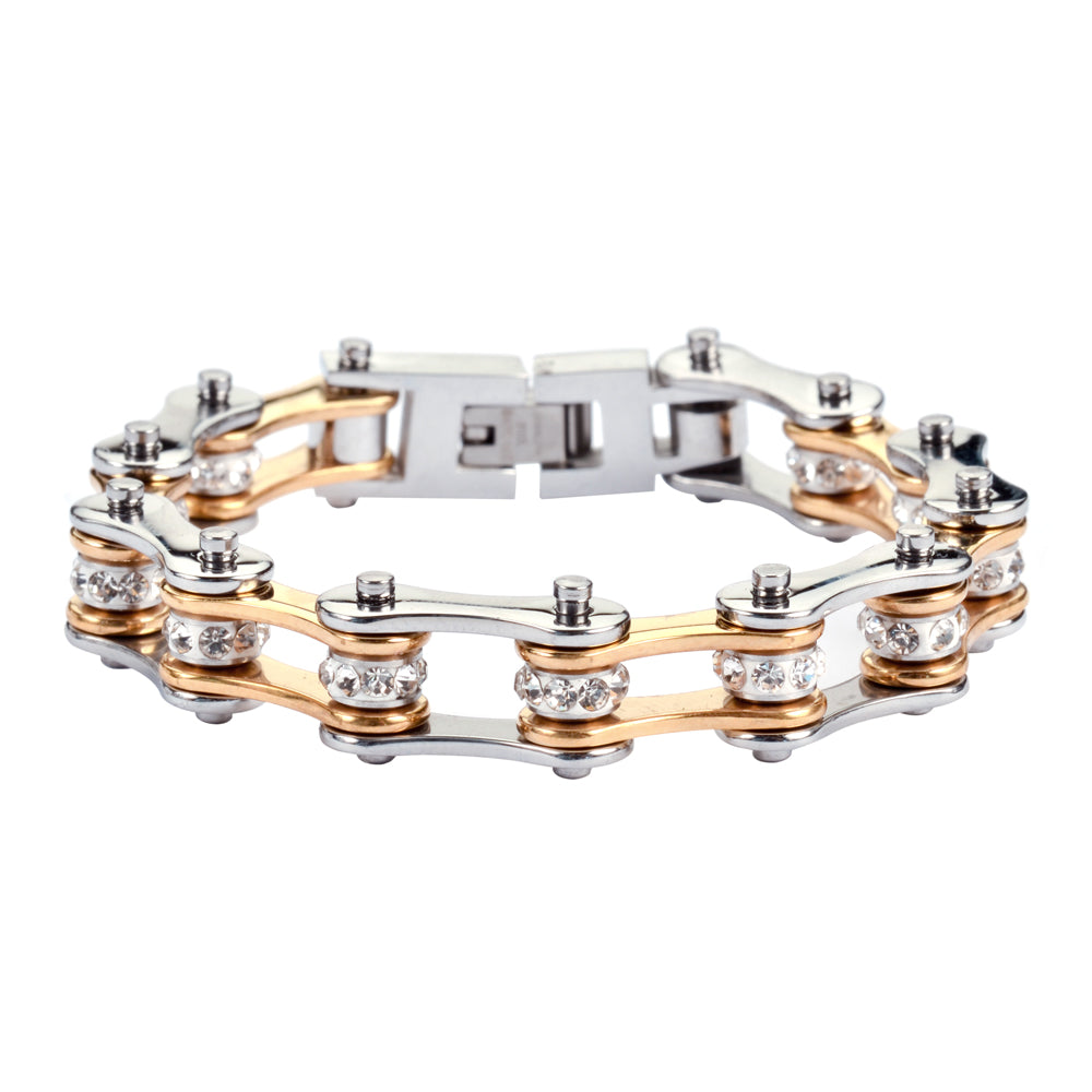 SK1196 1/2" Wide Two Tone Silver Gold With White Crystal Centers Stainless Steel Motorcycle Bike Chain Bracelet