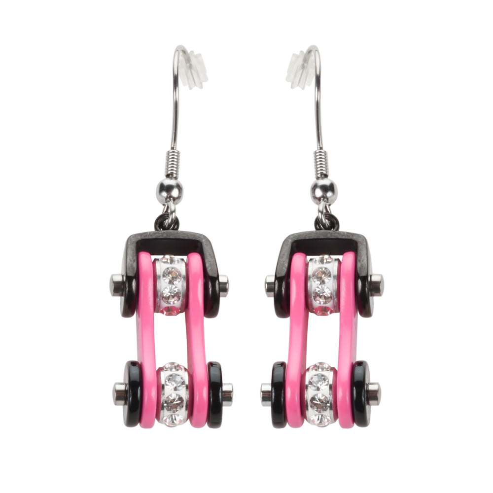 SK1197E  Two Tone Black Pink Silver Crystal Centers Bike Chain Earrings Stainless Steel Motorcycle Biker Jewelry