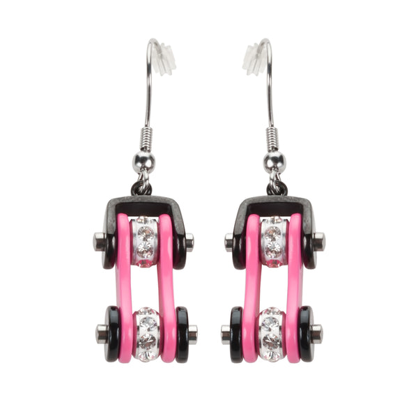 SK1197E  Two Tone Black Pink Silver Crystal Centers Bike Chain Earrings Stainless Steel Motorcycle Biker Jewelry